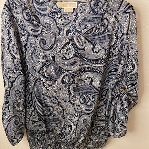 Michael Kors Women's Blue Paisley Blouse- Adjustable 3/4 Sleeves